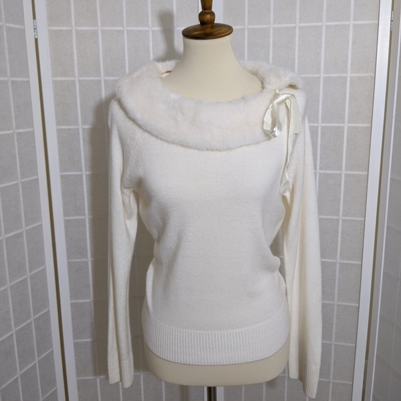Vintage Pin Up Mod Sweater Top Fur Collar S - Picture 3 of 6